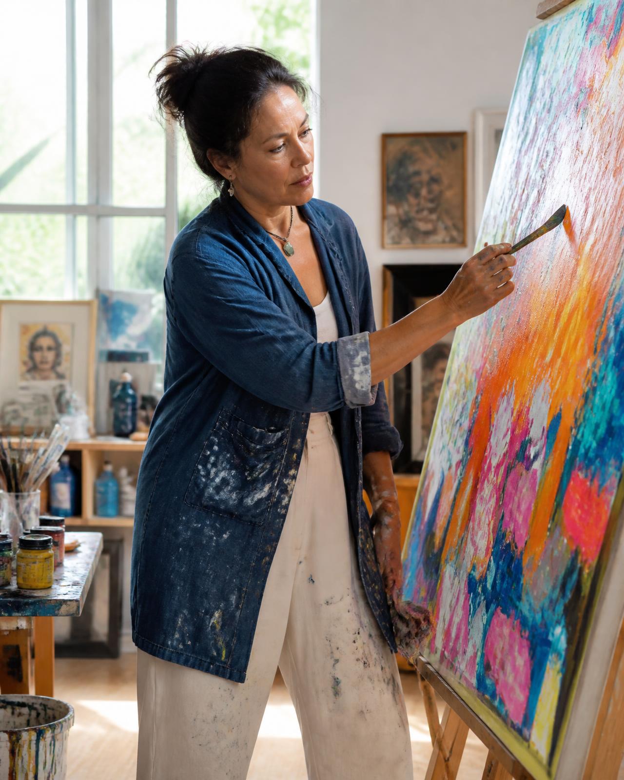 A woman absorbed in painting