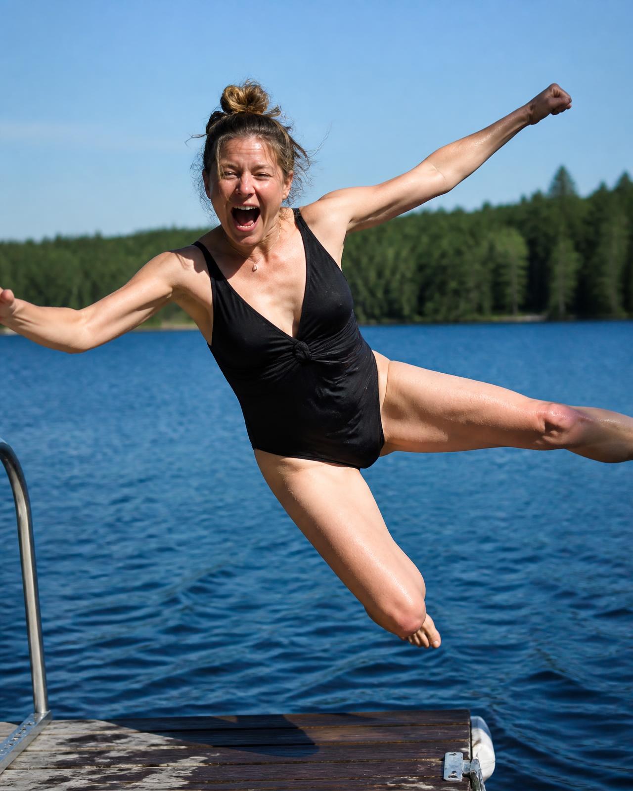 A woman jumping into cold water