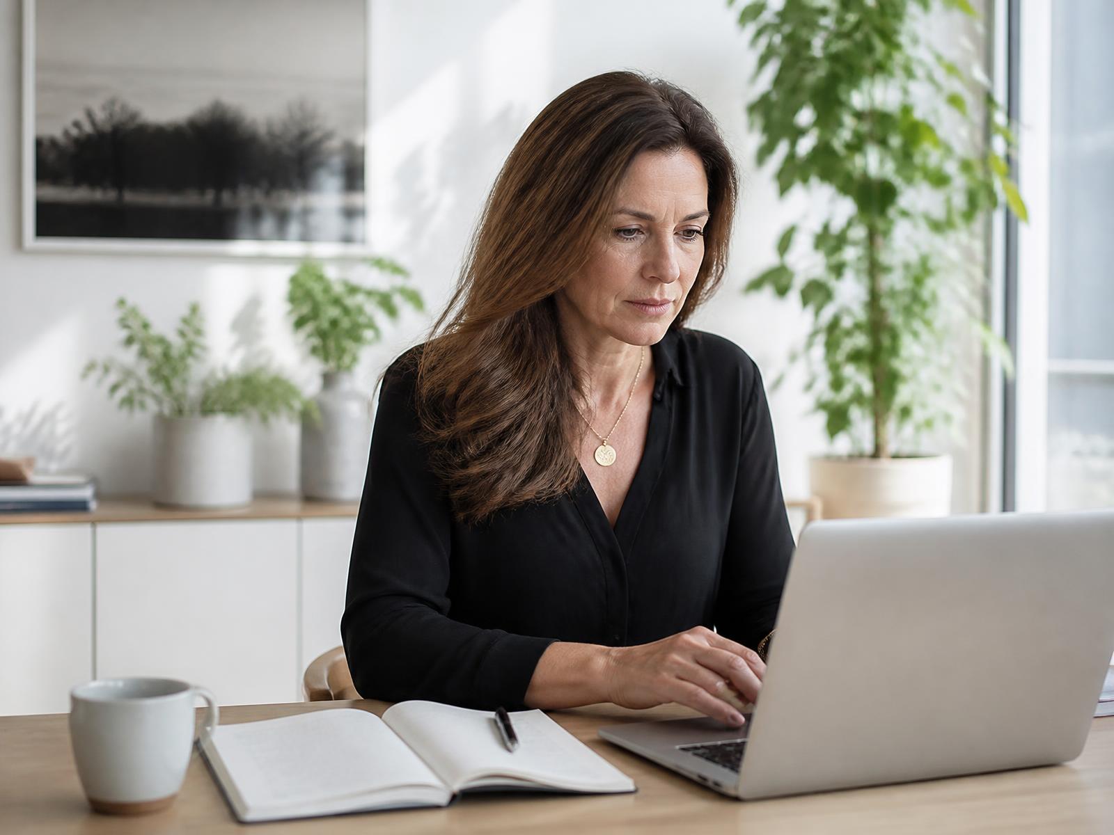 A woman concentrating at her laptop in a bright, sunlit room