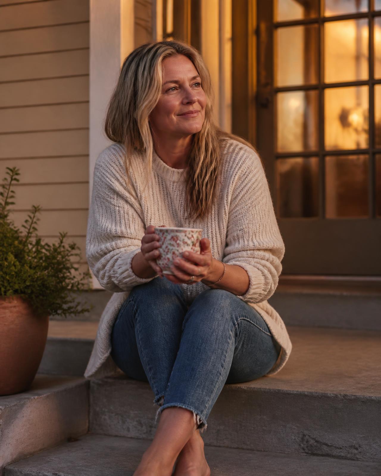A woman sitting on her front stoop at dusk with a mug of tea