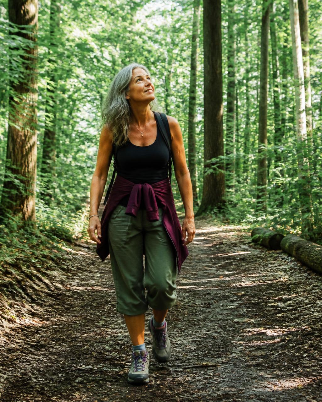 A woman walking alone down a long, quiet forest trail